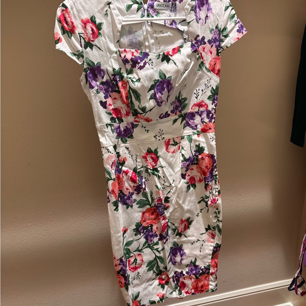 Grace Karin White Dress with Red and Purple Floral Print